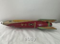1950 Masudaya V-1 USAF Sparkling Space Ship Rocket Rare Vintage Tin Friction Toy