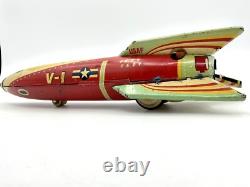 1950 Masudaya V-1 USAF Sparkling Space Ship Rocket Rare Vintage Tin Friction Toy