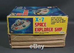 1960's Vintage Space Tin Toy Masudaya Japan X-7 Flying Saucer Explorer Ship Box