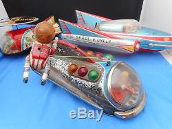 3 Vintage Battery Operatted tin space ships 50s 2 from Japan. 1 wind up india