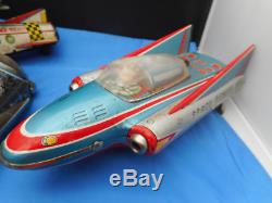 3 Vintage Battery Operatted tin space ships 50s 2 from Japan. 1 wind up india