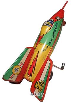 Indian Army Super Sonic Vintage 1950's Litho'd Enml Tin Friction Fighter Jet Toy