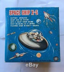 New in Box Vintage Space Ship X-5 Flying Saucer Tin Masudaya Japan 1960's