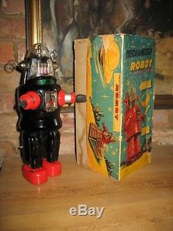 Nomura Mechanized Robby Robot & Box Tin Piston Japan Tinplate Vintage Space Toy