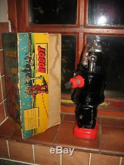 Nomura Mechanized Robby Robot & Box Tin Piston Japan Tinplate Vintage Space Toy