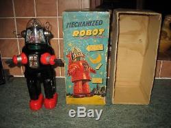 Nomura Mechanized Robby Robot & Box Tin Piston Japan Tinplate Vintage Space Toy