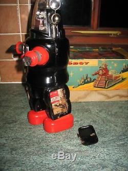 Nomura Mechanized Robby Robot & Box Tin Piston Japan Tinplate Vintage Space Toy