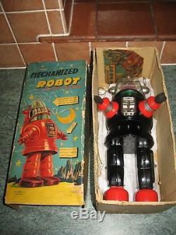 Nomura Mechanized Robby Robot & Box Tin Piston Japan Tinplate Vintage Space Toy