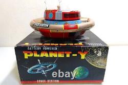 Nomura Toy Planet-Y Space Station Battery Powered Tin Toy Blue Vintage With Box