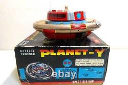 Nomura Toy Planet-Y Space Station Battery Powered Tin Toy Blue Vintage With Box