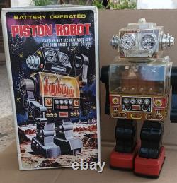 Rare Vintage Battery Operated Piston Robot with Box SJM Taiwan 1970s Space Toy