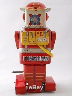 Rare Vintage Space F. D. Robot Fireman Robot Windup Tin Toy 1955 SY Japan + Card