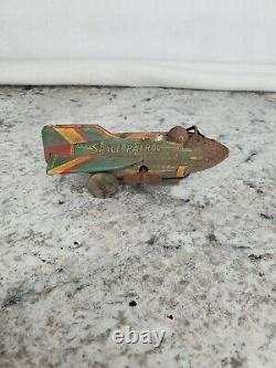 SPACE PATROL vtg Tin Toy wind up Asashi Toy JAPAN Space ship Rocket Airplane