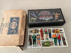 Sears space case figurine holder with 11 vintage action figures from 70's and 80's