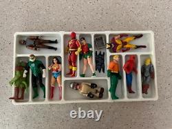 Sears space case figurine holder with 11 vintage action figures from 70's and 80's