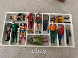 Sears space case figurine holder with 11 vintage action figures from 70's and 80's