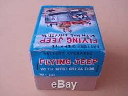 Space FLYING JEEP USAF b/o vintage tin toy JAPAN working + box
