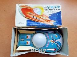 VINTAGE CHINA TIN LITHO UNIVERSE SPACE CAR with BOX WORKS POORLY READ