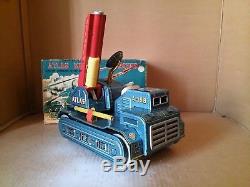 VINTAGE LARGE ATLAS MISSILE LAUNCHER A-198 TANK SPACE TIN TOY with O/B NS JAPAN