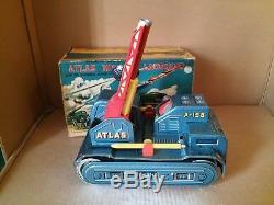 VINTAGE LARGE ATLAS MISSILE LAUNCHER A-198 TANK SPACE TIN TOY with O/B NS JAPAN