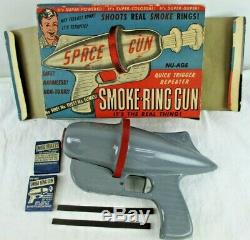 VINTAGE NU AGE SMOKE RING SPACE GUN IN BOX with 2 PACKS OF SMOKE PELLETS & STRIKE
