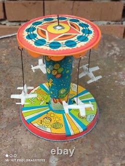 VINTAGE SPACE JET CAROUSEL WIND UP CLOCKWORK TOY 1960's AGATEX ROMANIA LEI WORKS