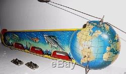 VINTAGE TECHNOFIX TERRA LUNA TIN WIND UP SPACE TOY with ORBITING SHIPS & BOX
