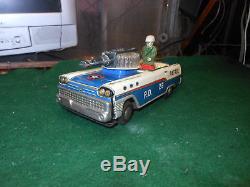 VINTAGE TN NOMURA POLICE PATROL Japan Tin Toy with Box Car 50s 1960 Space Litho