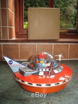 Vintage 1960's Nasa Flying Saucer & Box Space Pilot Battery Tin Toy Tinplate UFO