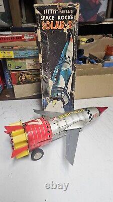 Vintage 1960's Nomura Battery Powered Space Rocket Solar X Tin Space Toy In Box