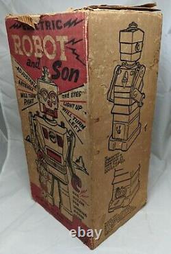 Vintage 50s Marx ROBOT AND SON Battery Operated Gray/Burgandy Variant Space Toy