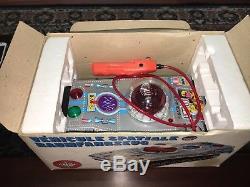 Vintage 70's TIN TOY SPACE SHIP TANK UFO BATTERY OPERATED BRAND NEW BOXED REEL