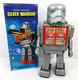 Vintage Battery Operated Silver Warrior Space Robot Toy in Box Hong Kong