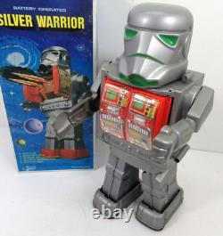 Vintage Battery Operated Silver Warrior Space Robot Toy in Box Hong Kong