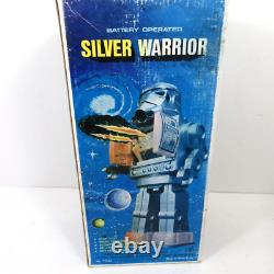 Vintage Battery Operated Silver Warrior Space Robot Toy in Box Hong Kong