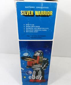 Vintage Battery Operated Silver Warrior Space Robot Toy in Box Hong Kong
