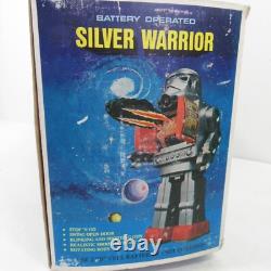 Vintage Battery Operated Silver Warrior Space Robot Toy in Box Hong Kong