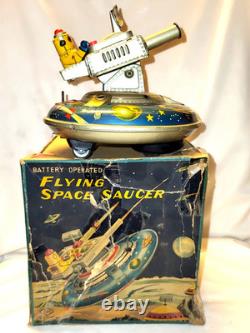 Vintage Box Tin Plate Battery Toy Aoshin Op Flying Space Saucer Asc Japan 1950