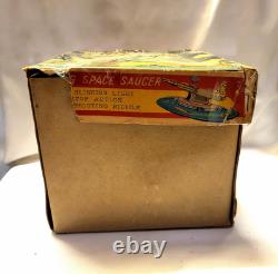 Vintage Box Tin Plate Battery Toy Aoshin Op Flying Space Saucer Asc Japan 1950