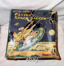 Vintage Box Tin Plate Battery Toy Aoshin Op Flying Space Saucer Asc Japan 1950