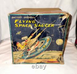 Vintage Box Tin Plate Battery Toy Aoshin Op Flying Space Saucer Asc Japan 1950