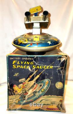 Vintage Box Tin Plate Battery Toy Aoshin Op Flying Space Saucer Asc Japan 1950