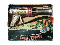 Vintage Daiya Mars Gun Friction Siren & Sparkling Tin Space Toy Gun In Box Rare