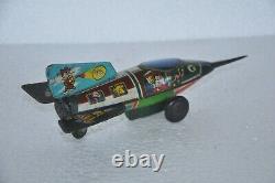 Vintage Friction KTI Cat & Duck Litho Space Rocket Tin Toy