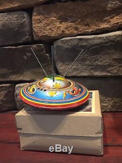 Vintage German Tin Litho Space UFO Saucer Toy With Robot MIB. Ex Shape