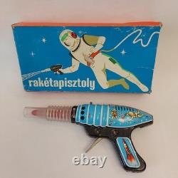 Vintage Hungary Space Ray Gun Pistol Litho Astronaut Friction Tin Toy Works+ Box
