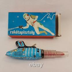 Vintage Hungary Space Ray Gun Pistol Litho Astronaut Friction Tin Toy Works+ Box