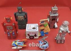 Vintage Japanese Tin Toy Lot of 7 Robots Spaceships Robbie Lost In Space Etc