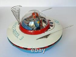 Vintage KO Japan Battery Powered Flying Saucer Tin Toy Space Patrol 3 AS-IS