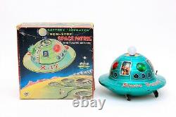 Vintage Masudaya Modern Toys Non-stop Space Patrol Tin Flying Saucer & Satellite